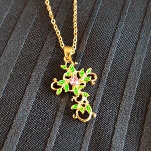 Gold and Green Cross Pendant Necklace